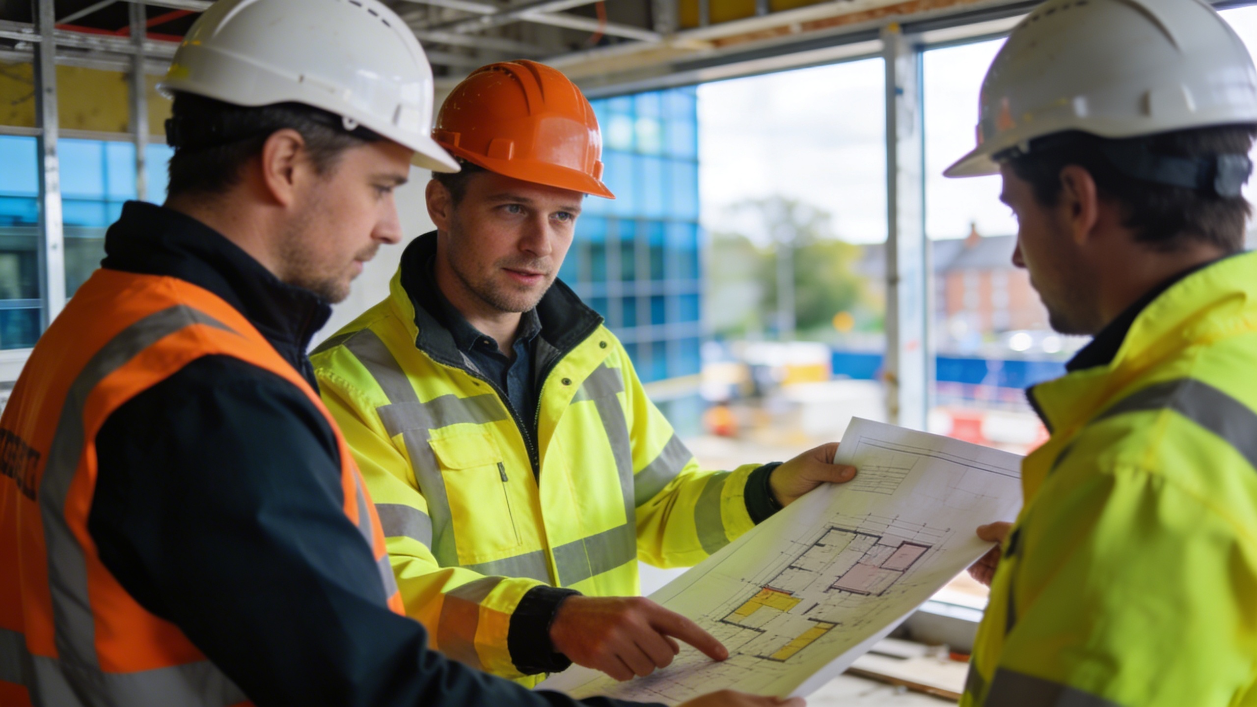 Three construction workers in high-visibility jackets and hard hats examine a large blueprint at a building site.